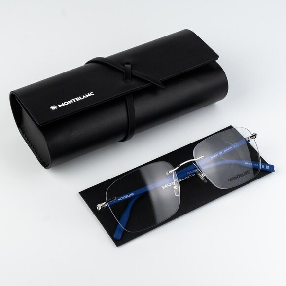 Montblanc Men Eyeglasses Silver Blue Rectangle MB0222O 009 NEW AUTHENTIC